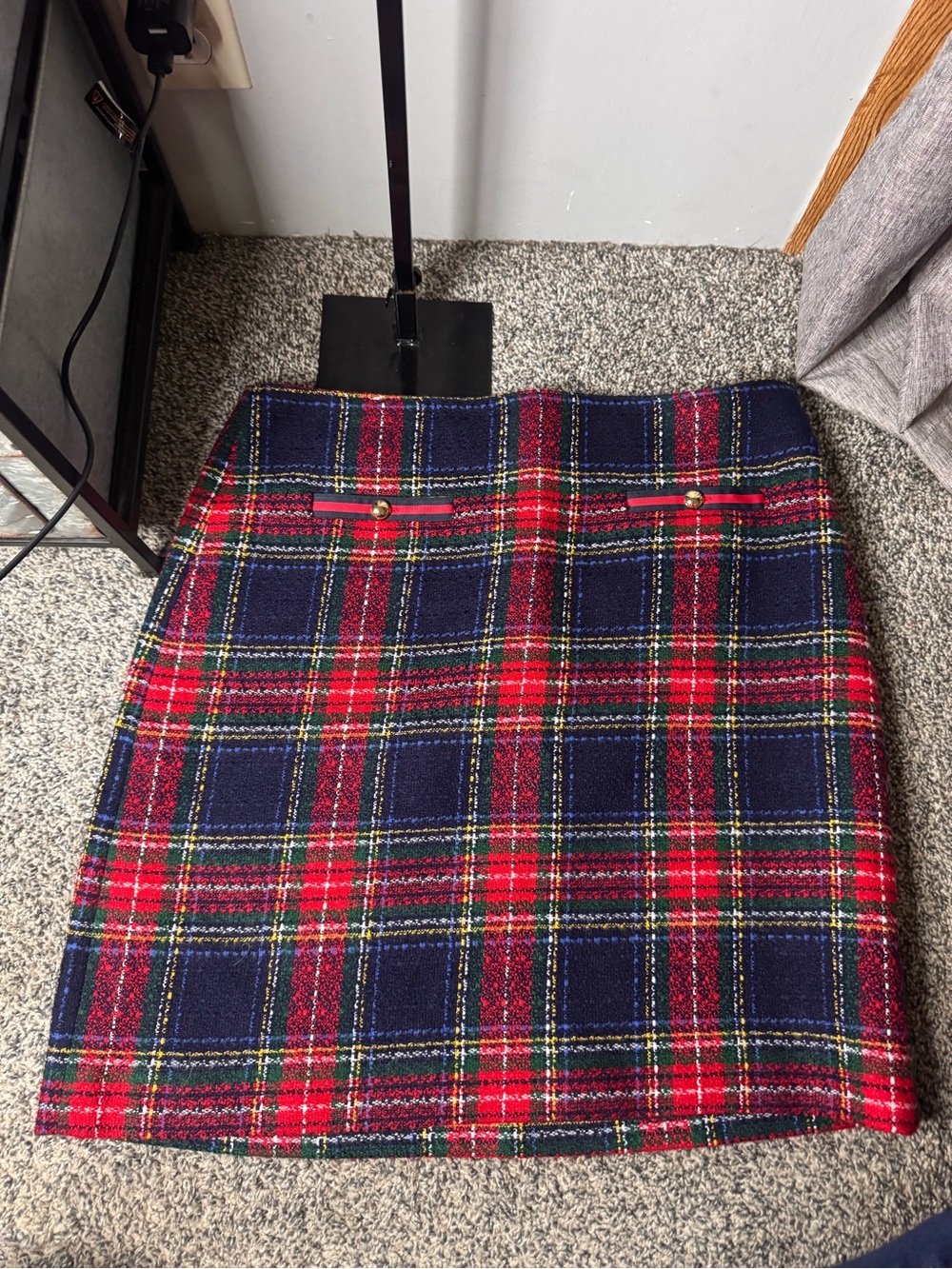 Talbots Red & Navy Plaid Tweed Mini Skirt